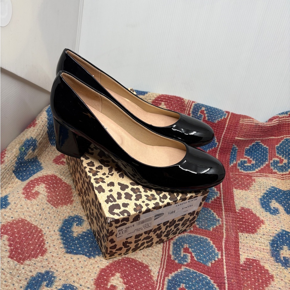 French Sole Fs/ny Black Trance Rounded Toe Pumps Heels Patent Leather 10.5